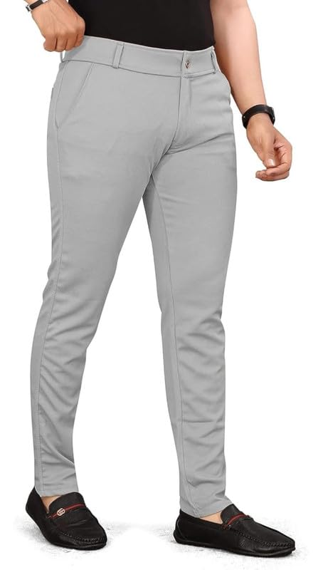 VIJETA Garments for Men Lycra Blend Formal Trousers ? Smart Fit Office Wear Pants with Elastic Waistband & Zip Fly Light Grey 36 - Image 4