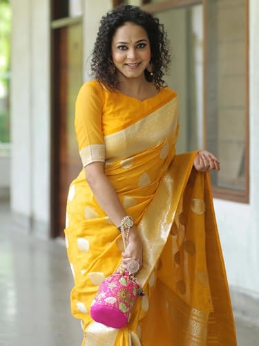 Yashika Women’s Fancy Banarasi Kanjivaram Art Silk Yellow Saree with Unstitched Blouse Piece |Wedding Saree for Women - Image 6