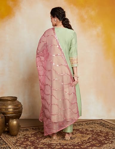 Myx Women's Embroidered Anarkali Kurta Set with Organza Dupatta (AW25-MYX-VEN-KS-13_Light Green_L) - Image 6