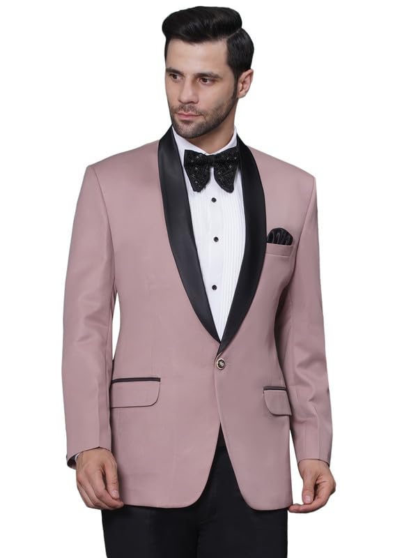 FAVOROSKI Tuxedo Blazer for Men with 2 Pockets | Rayon Slim Fit Blazers | Ethnic Wear Tuxedos | One Button Solid Tuxedo Blazers in Shawl Collar | Blazer for Wedding, Festive, Formal Dusty Pink