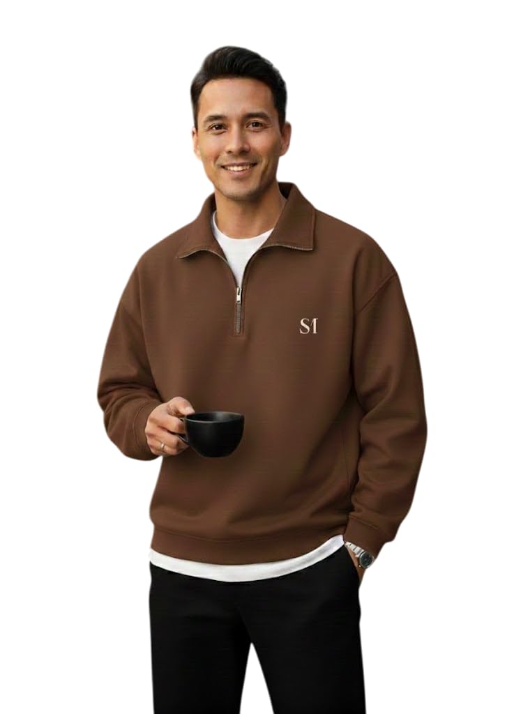 SMOWKLY Men’s Collar Chain Cotton Fleece Sweatshirt for Men | Breathable,Half Zipper & Full Sleeves All Day Wear Sweaters | Warm Hoodie for Gym, Travel & Casual Winter Wear (1686_BRN_M) Brown
