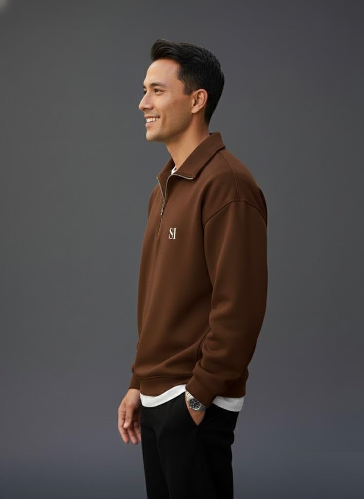 SMOWKLY Men’s Collar Chain Cotton Fleece Sweatshirt for Men | Breathable,Half Zipper & Full Sleeves All Day Wear Sweaters | Warm Hoodie for Gym, Travel & Casual Winter Wear (1686_BRN_M) Brown - Image 5