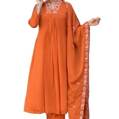 Nermosa Women Solid Embroidery Kurta and Pant Set with Dupatta (in, Alpha, L, Orange)