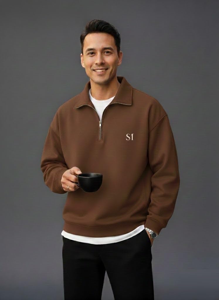 SMOWKLY Men’s Collar Chain Cotton Fleece Sweatshirt for Men | Breathable,Half Zipper & Full Sleeves All Day Wear Sweaters | Warm Hoodie for Gym, Travel & Casual Winter Wear (1686_BRN_M) Brown - Image 6