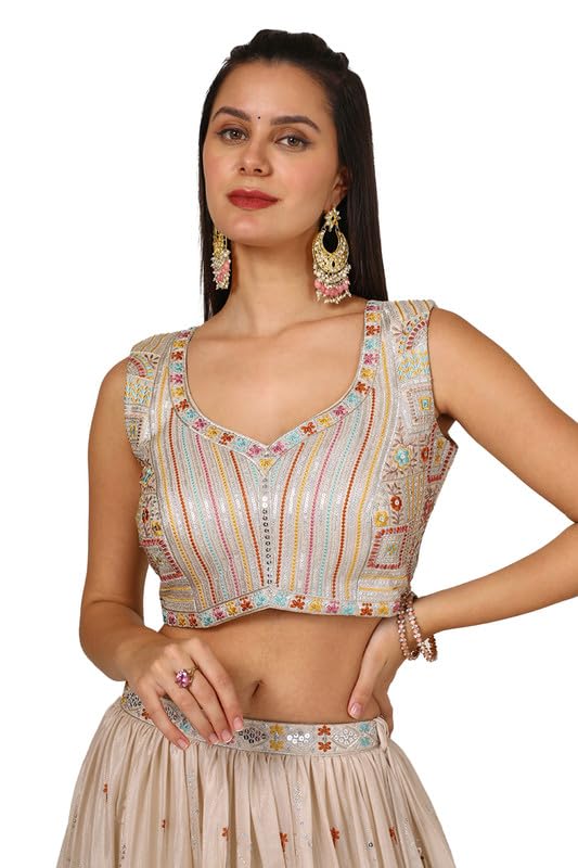 Soch Womens Beige Chinon Blend Embroidered Ghagra Choli With Sequins - Image 3