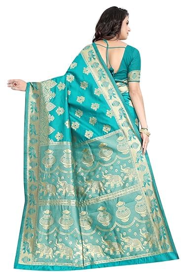 C J Enterprise Women's Pure Kanjivaram Soft Silk Saree Banarasi Design Wear Pattu Sarees Latest Party Cotton Sari collections With Blouse Piece for Wedding sadi new ladies 2025 (Pari9016-51) (Firozi) - Image 2