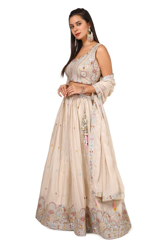 Soch Womens Beige Chinon Blend Embroidered Ghagra Choli With Sequins - Image 7