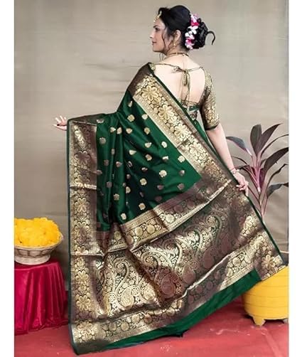 C J Enterprise Women's Banarasi Saree Pure Kanjivaram Silk Saree Soft Design Wear Pattu Sarees Latest Cotton With Blouse Piece Kanchipuram for Wedding sadi new ladies 2025 (Vruksh-51) (Dark Green) - Image 2