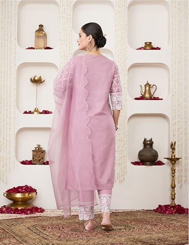 Myx Women's Embroidered Cotton Kurta Pant Set with Organza Dupatta (SS25-MYX-SUR-KS-18_Mauve_M) - Image 6