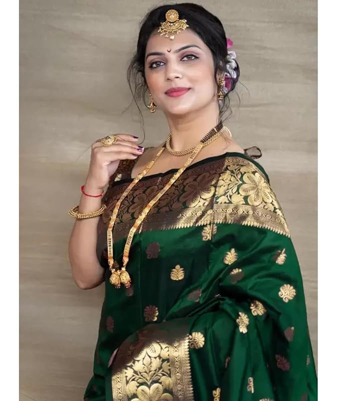 C J Enterprise Women's Banarasi Saree Pure Kanjivaram Silk Saree Soft Design Wear Pattu Sarees Latest Cotton With Blouse Piece Kanchipuram for Wedding sadi new ladies 2025 (Vruksh-51) (Dark Green) - Image 4