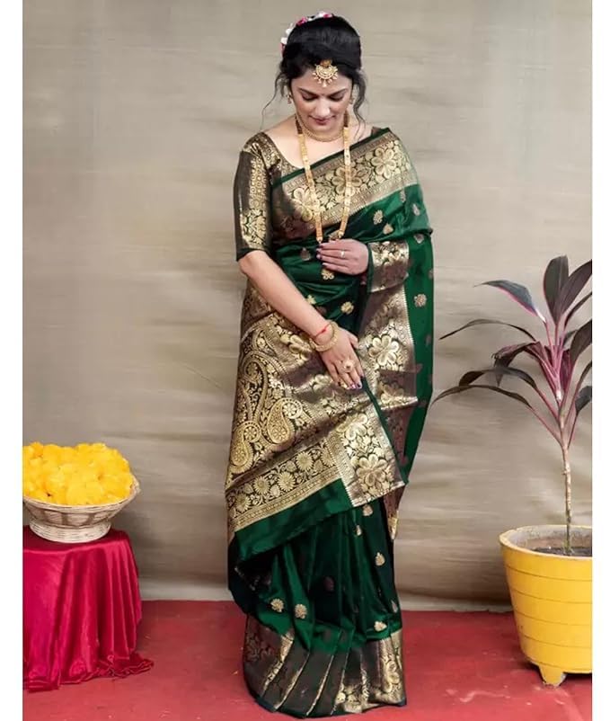 C J Enterprise Women's Banarasi Saree Pure Kanjivaram Silk Saree Soft Design Wear Pattu Sarees Latest Cotton With Blouse Piece Kanchipuram for Wedding sadi new ladies 2025 (Vruksh-51) (Dark Green) - Image 7