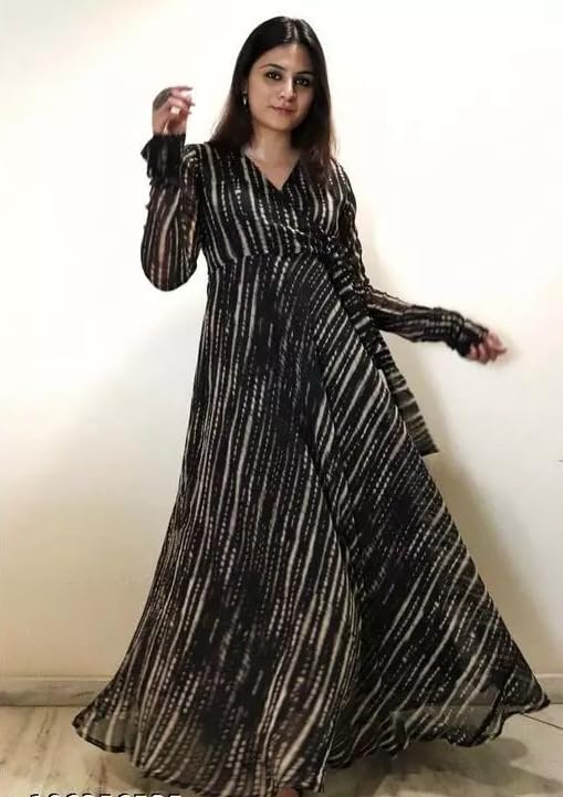 Fashion2wear Women's Black Color Georgette Long Sleeve Round Neck All Over Print Maxi Length Anarkali XXL Stitched Gown for Girls. (Ankita-Black-XXL) - Image 7