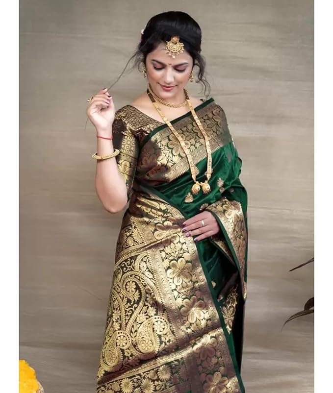 C J Enterprise Women's Banarasi Saree Pure Kanjivaram Silk Saree Soft Design Wear Pattu Sarees Latest Cotton With Blouse Piece Kanchipuram for Wedding sadi new ladies 2025 (Vruksh-51) (Dark Green) - Image 5