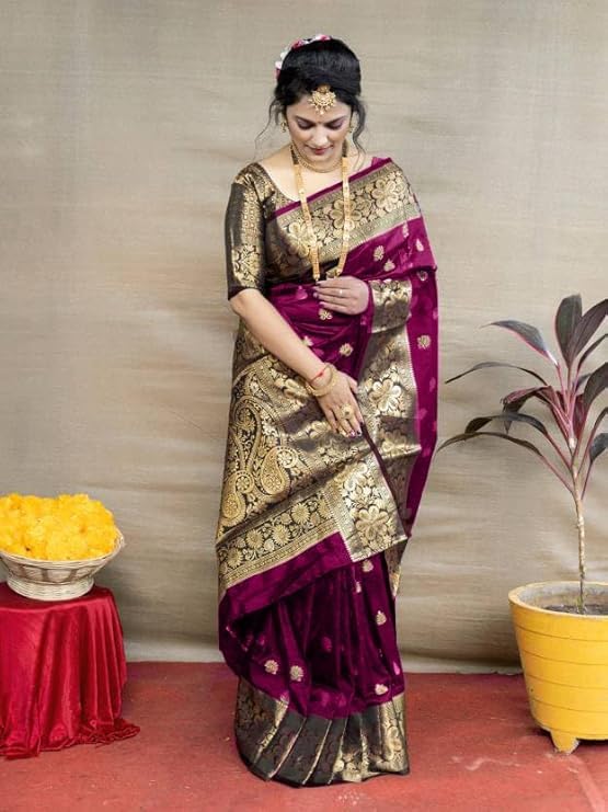 C J Enterprise Women's Pure Kanjivaram Silk Saree Banarasi Soft Design Wear Pattu Sarees Latest Cotton With Blouse Piece Kanchipuram for Wedding sadi new ladies 2025 (Vruksh-50) (Magenta) - Image 2