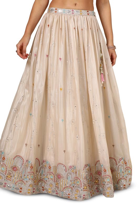 Soch Womens Beige Chinon Blend Embroidered Ghagra Choli With Sequins - Image 4