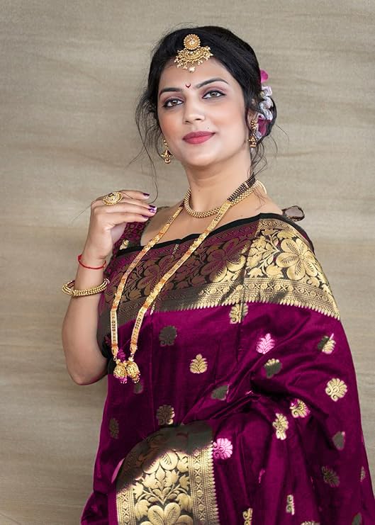 C J Enterprise Women's Pure Kanjivaram Silk Saree Banarasi Soft Design Wear Pattu Sarees Latest Cotton With Blouse Piece Kanchipuram for Wedding sadi new ladies 2025 (Vruksh-50) (Magenta) - Image 4