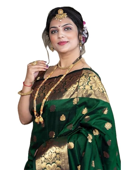 C J Enterprise Women's Banarasi Saree Pure Kanjivaram Silk Saree Soft Design Wear Pattu Sarees Latest Cotton With Blouse Piece Kanchipuram for Wedding sadi new ladies 2025 (Vruksh-51) (Dark Green)
