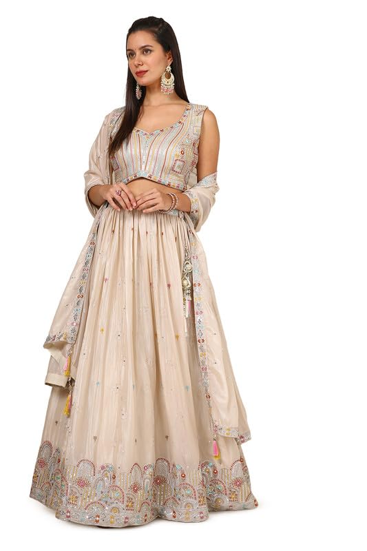 Soch Womens Beige Chinon Blend Embroidered Ghagra Choli With Sequins - Image 8