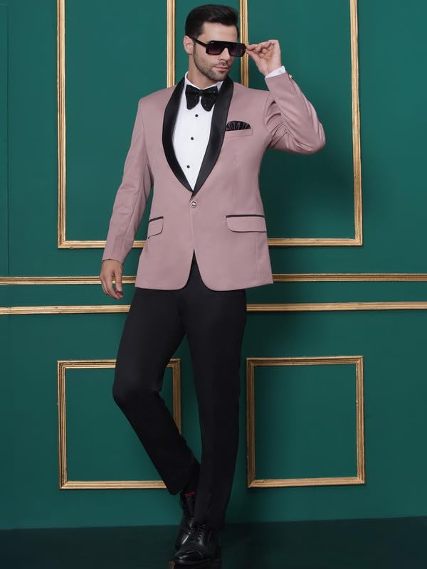FAVOROSKI Tuxedo Blazer for Men with 2 Pockets | Rayon Slim Fit Blazers | Ethnic Wear Tuxedos | One Button Solid Tuxedo Blazers in Shawl Collar | Blazer for Wedding, Festive, Formal Dusty Pink - Image 2