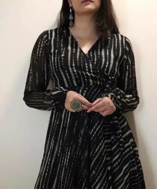 Fashion2wear Women's Black Color Georgette Long Sleeve Round Neck All Over Print Maxi Length Anarkali XXL Stitched Gown for Girls. (Ankita-Black-XXL) - Image 6