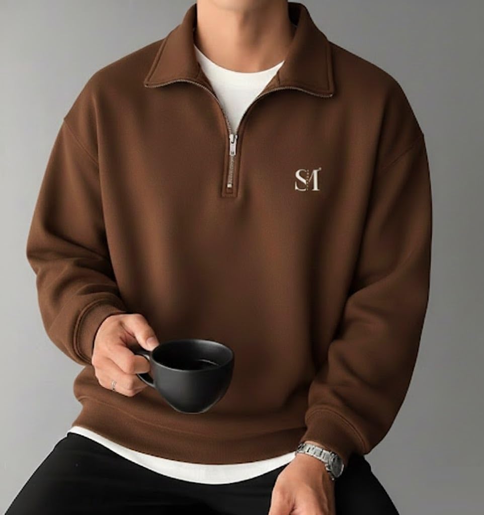 SMOWKLY Men’s Collar Chain Cotton Fleece Sweatshirt for Men | Breathable,Half Zipper & Full Sleeves All Day Wear Sweaters | Warm Hoodie for Gym, Travel & Casual Winter Wear (1686_BRN_M) Brown - Image 2