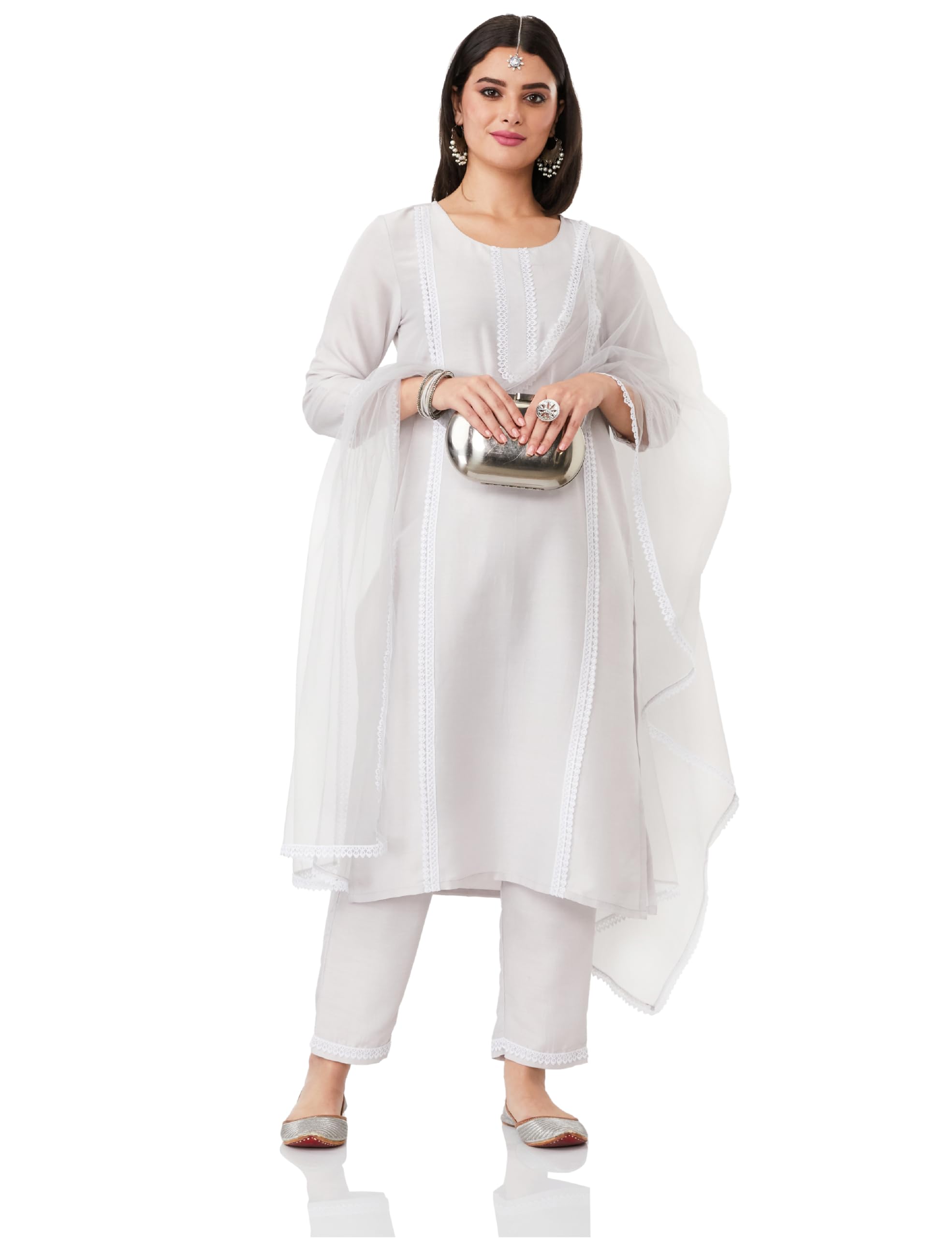 Myx Women's Lace Detail Kurta Pant Set with Dupatta (SS25-MYX-ZIL-KS-22_Grey_L)