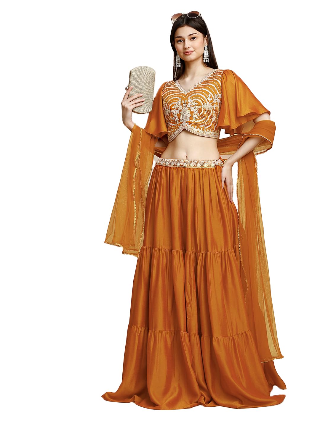 madhuram textiles Womens' Lehenga and Aliyacut Choli Vichitra Silk with Dupatta Net with Embroidery Work Set(M-2488 Orange_X-Large)