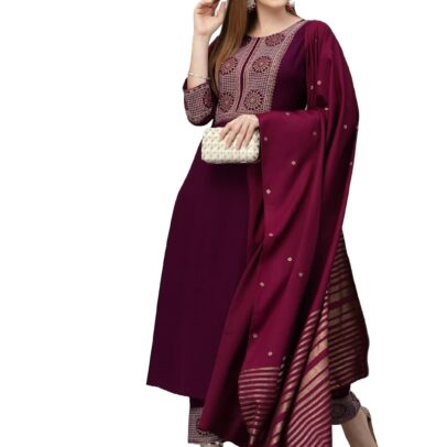 KLOSIA Viscose Women Embroidered Kurta Pant Dupatta Set (Xx-Large) Wine