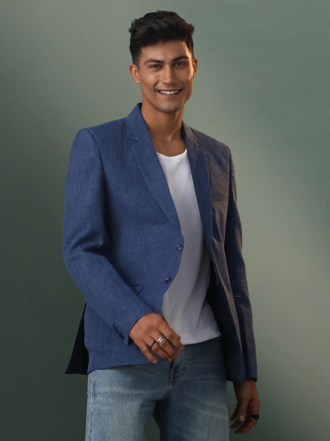 VASTRAMAY Men's Jute Silk Blazer I All Printed Checked Slim Fit Blazer I Everyday Casuals Festive Blazer for Men_VSHVMCT032BU_42 Blue - Image 6