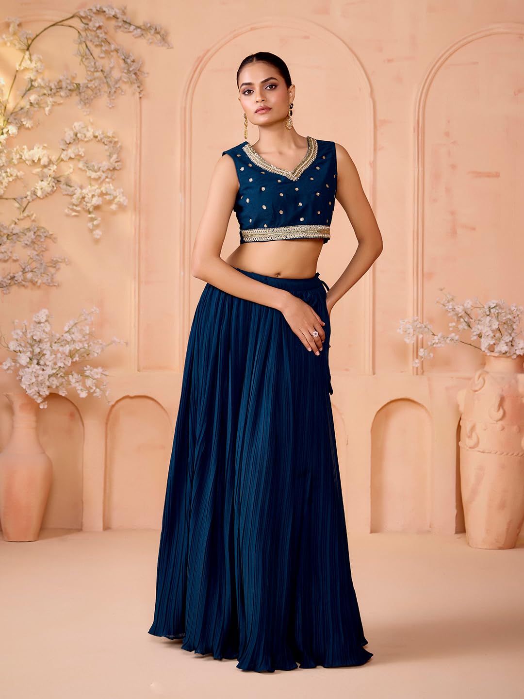 madhuram textiles Womens' Skirt and Choli with Long Jacket Set Star Georgette with Embroidery Bids Work Skirt Set(M-2523 Mor Pichh_Large) Dark Blue - Image 5