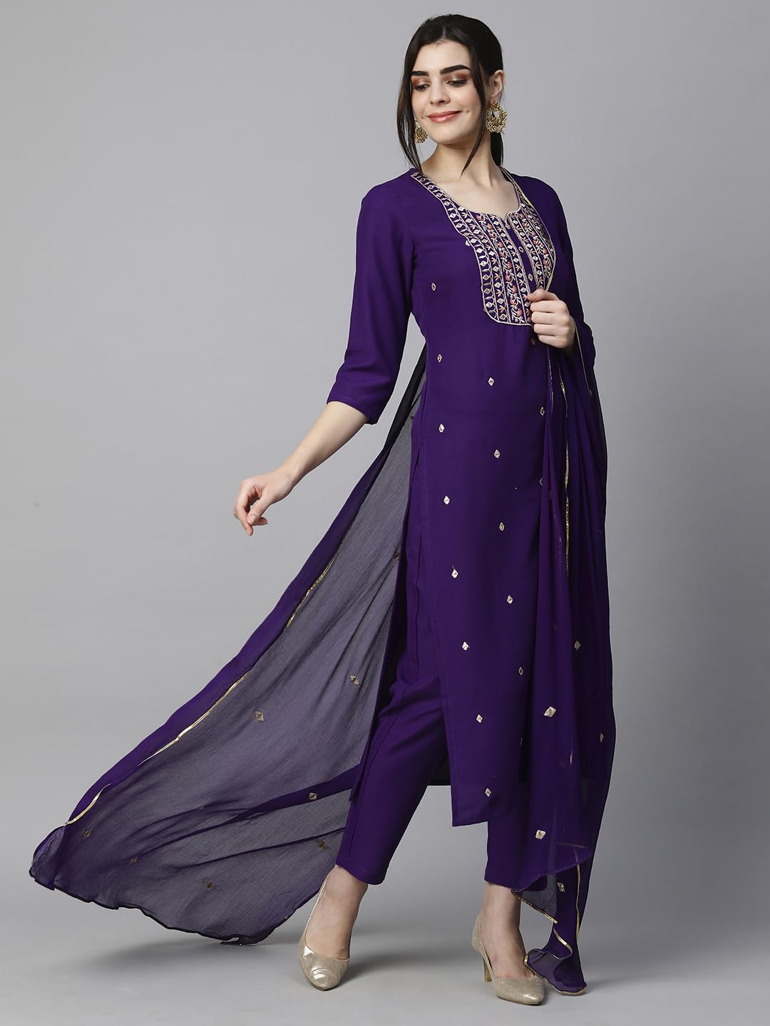 GoSriKi Women's Cotton Blend Embroidered Straight Kurta with Pant & Dupatta (Kasturi Begani-NGT-GS_M_Blue_Medium) - Image 6