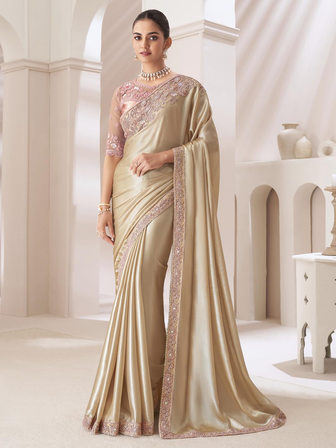 AKHILAM Women's Cream Pure Chiffon Embellished Saree With Unstitched Blouse (SNDLWOD1303_TFH) - Image 6