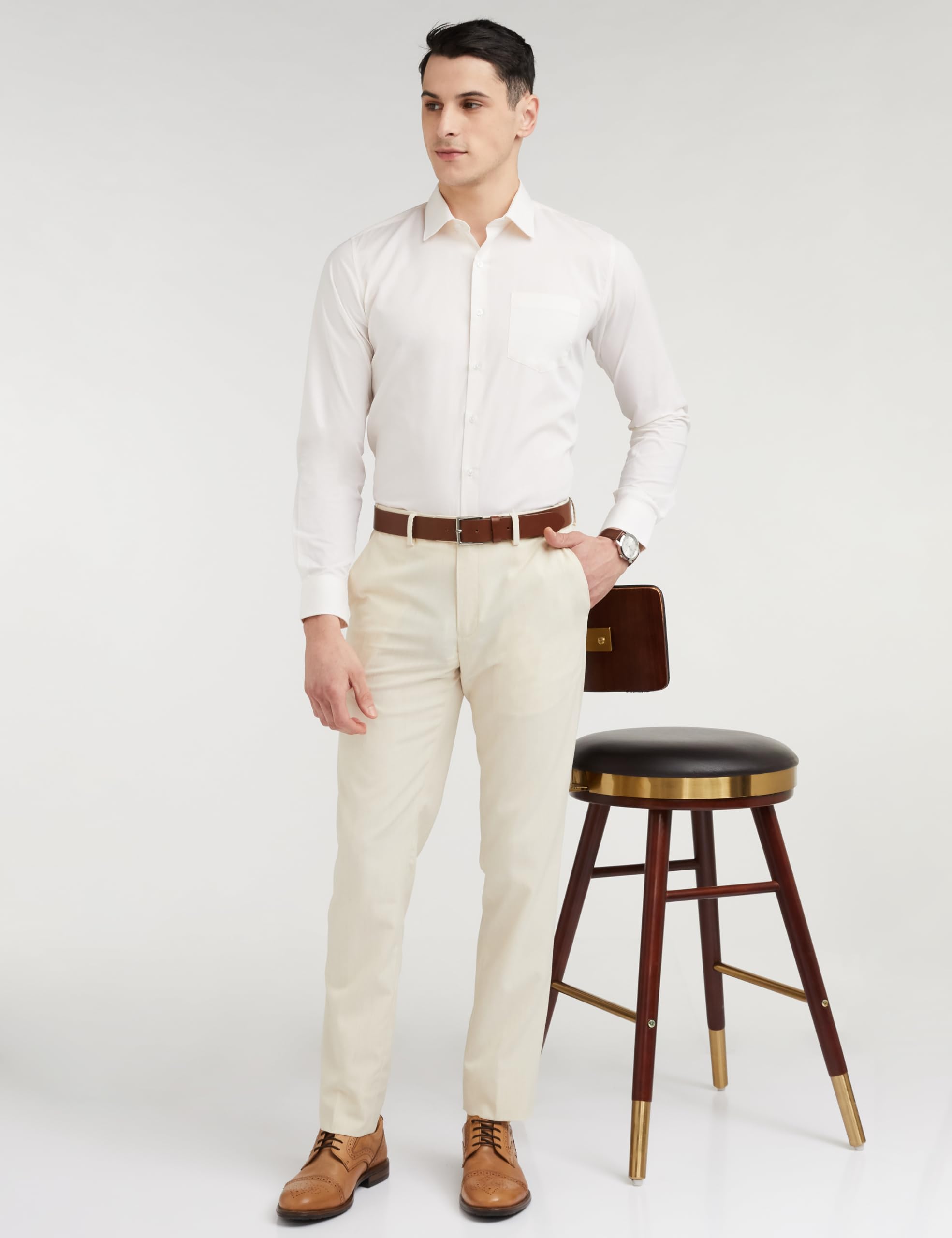 Peter England Men's Mid Rise Slim Fit Solid Formal Trouser Off White, 32 - Image 5