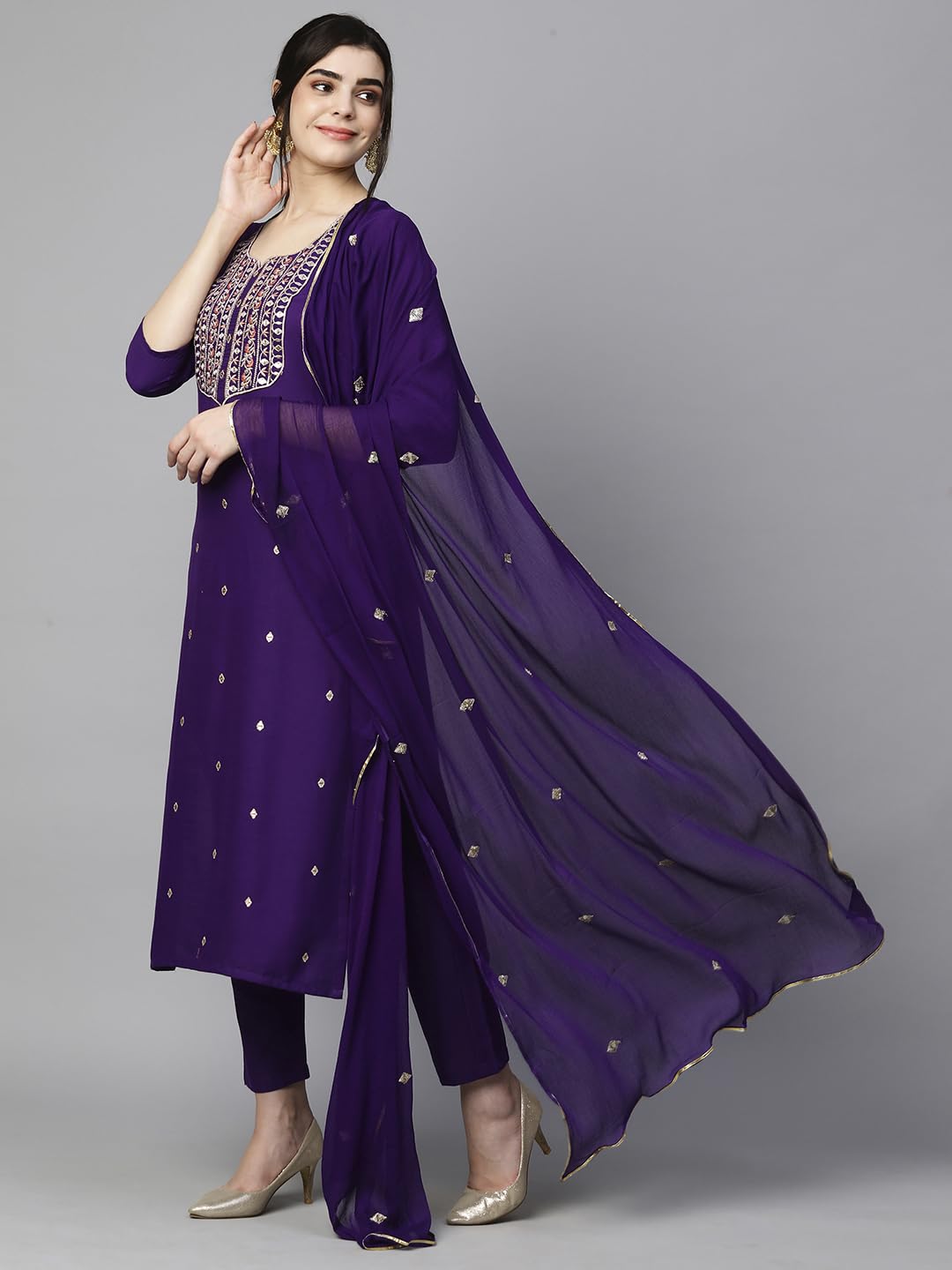 GoSriKi Women's Cotton Blend Embroidered Straight Kurta with Pant & Dupatta (Kasturi Begani-NGT-GS_M_Blue_Medium) - Image 7
