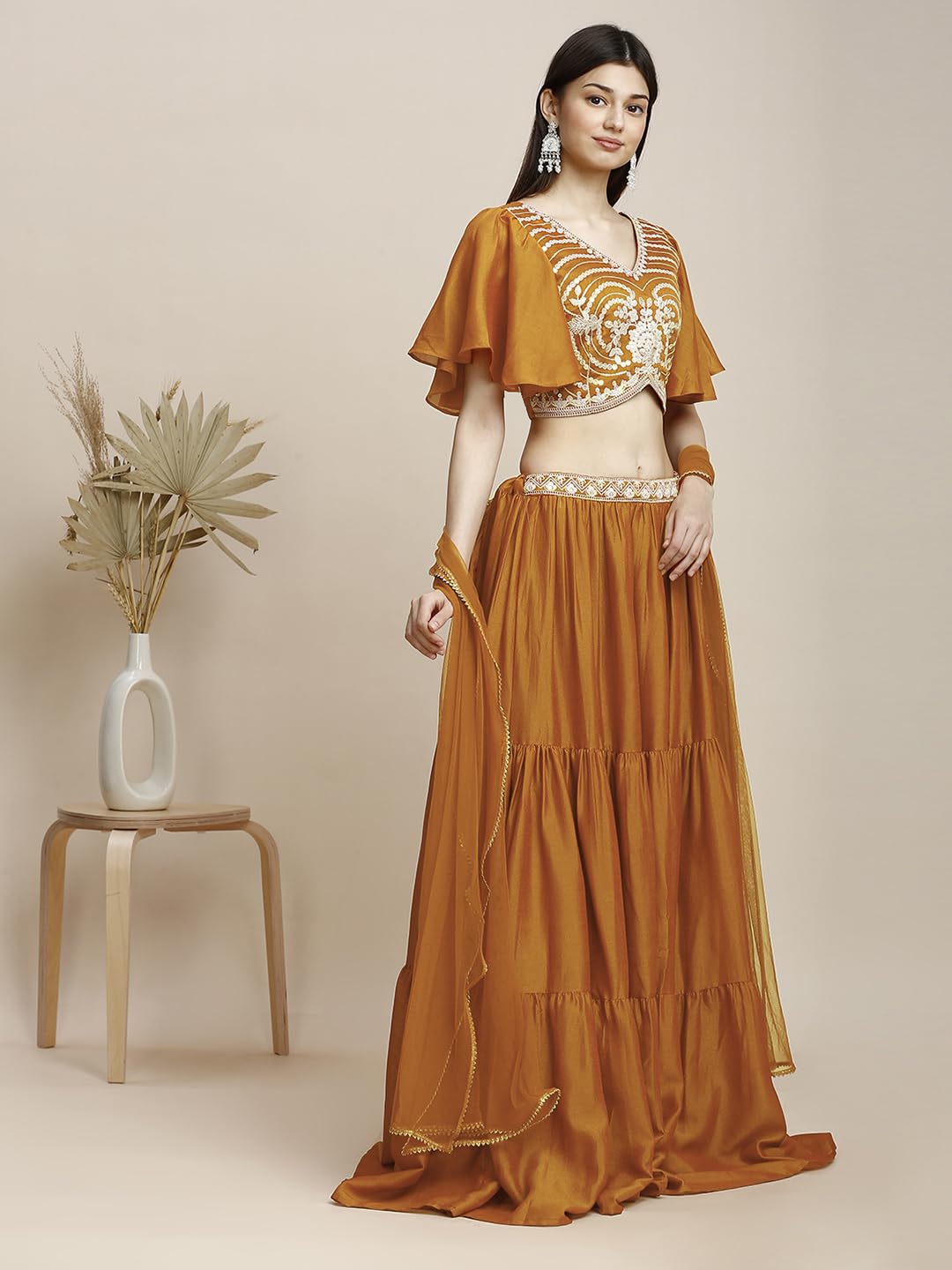 madhuram textiles Womens' Lehenga and Aliyacut Choli Vichitra Silk with Dupatta Net with Embroidery Work Set(M-2488 Orange_X-Large) - Image 6