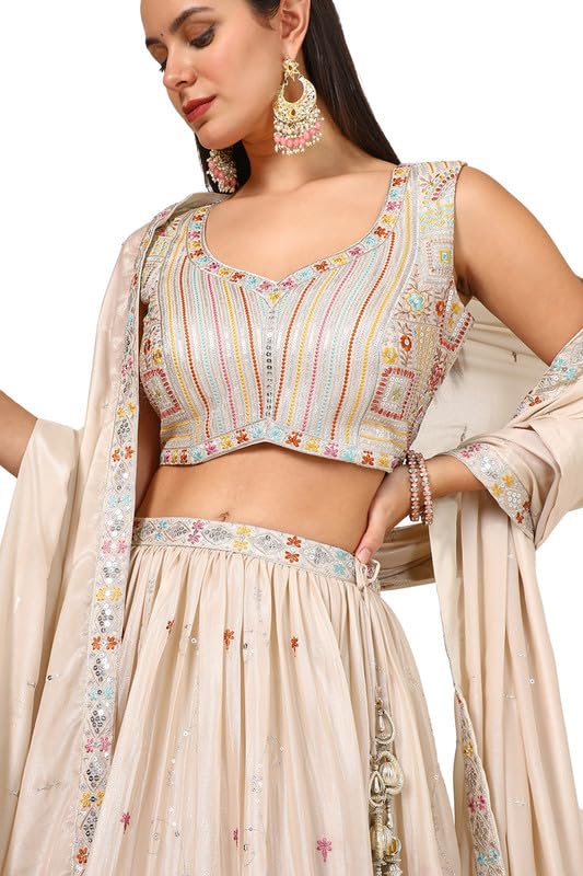 Soch Womens Beige Chinon Blend Embroidered Ghagra Choli With Sequins - Image 5