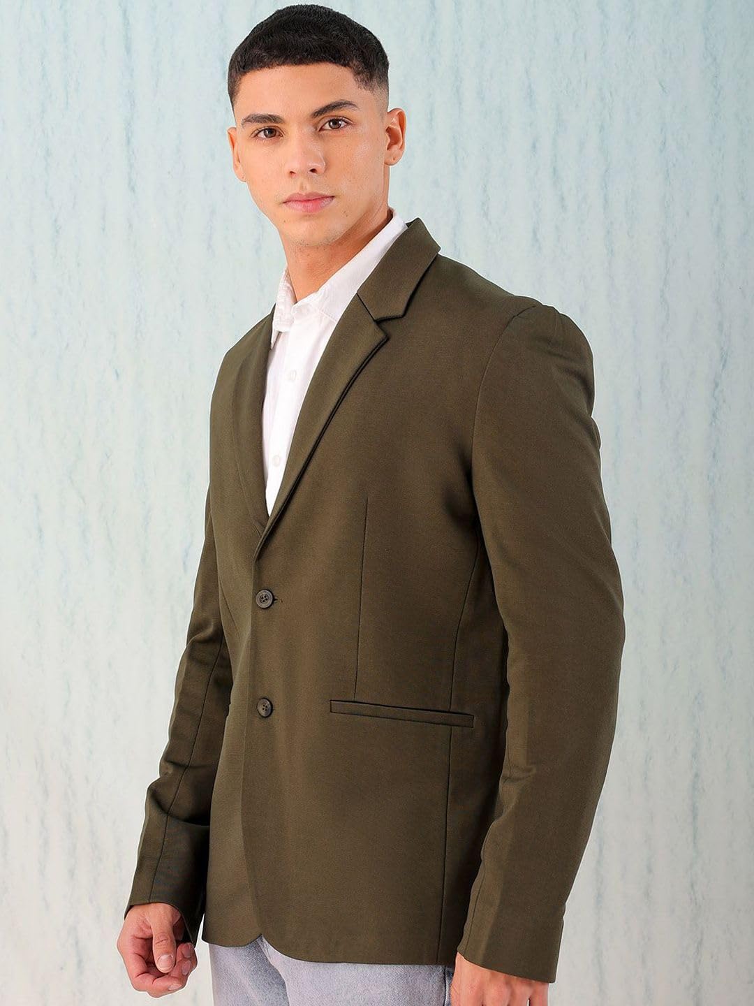 The Indian Garage Co Men Comfort Straight Fit Solid Knitted Blazer (Olive_L) - Image 3