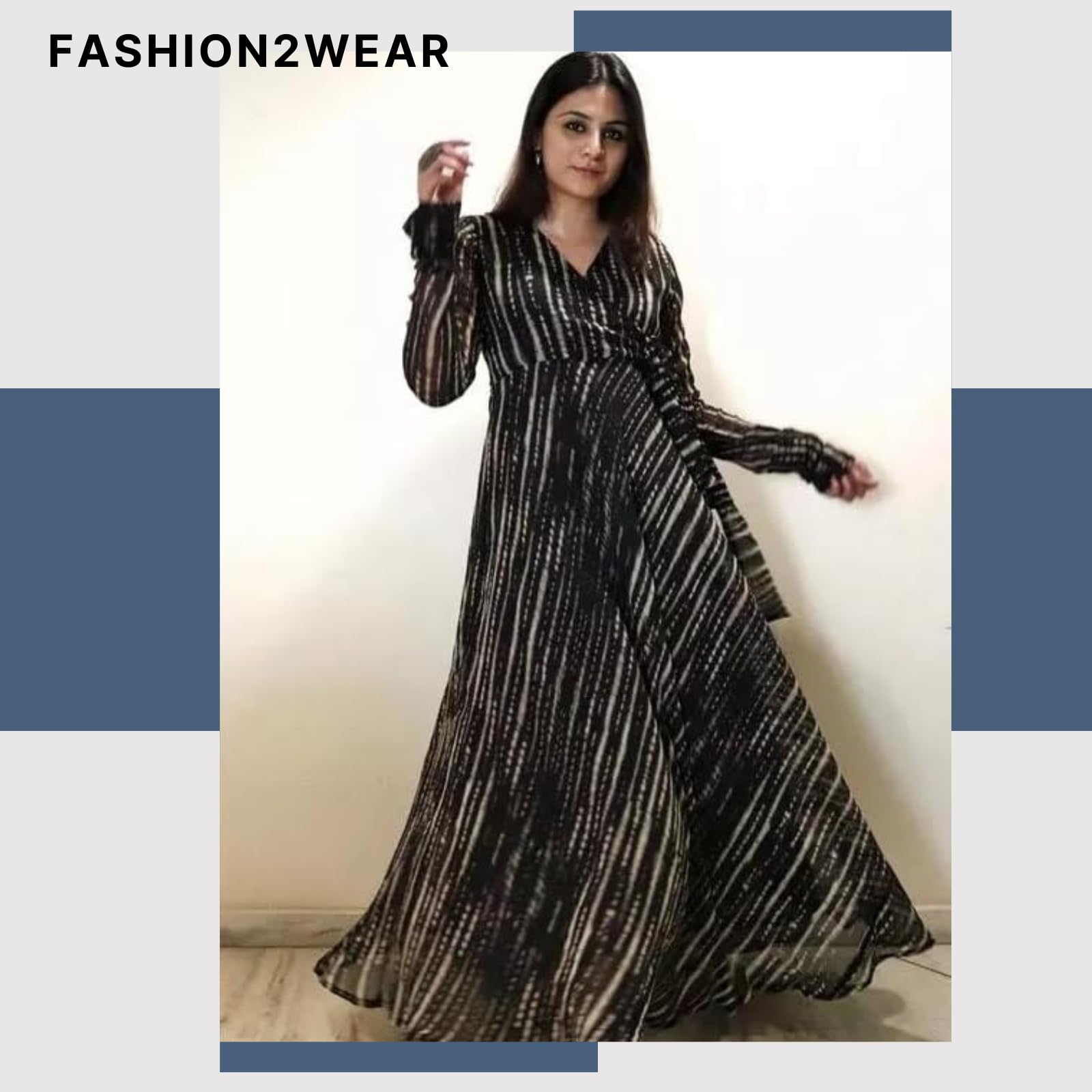 Fashion2wear Women's Black Color Georgette Long Sleeve Round Neck All Over Print Maxi Length Anarkali XXL Stitched Gown for Girls. (Ankita-Black-XXL) - Image 3