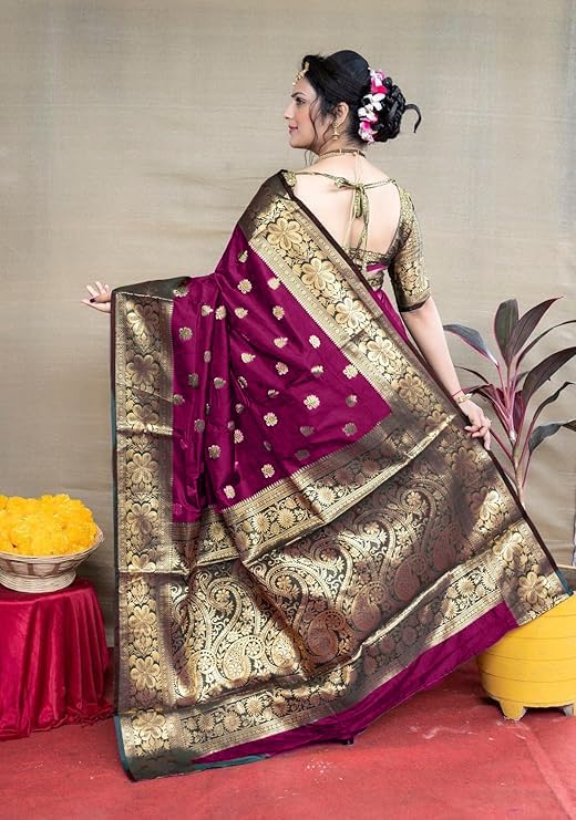 C J Enterprise Women's Pure Kanjivaram Silk Saree Banarasi Soft Design Wear Pattu Sarees Latest Cotton With Blouse Piece Kanchipuram for Wedding sadi new ladies 2025 (Vruksh-50) (Magenta) - Image 5