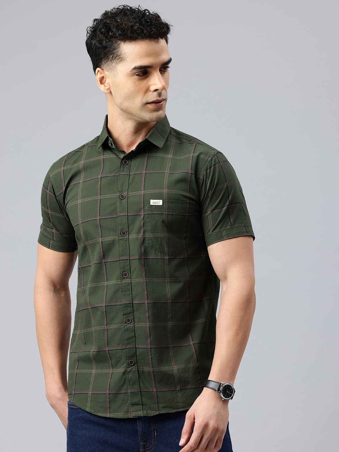 Majestic Man Men's Comfort Slim Fit Checked Pure Cotton Half Sleeve Casual Shirt (Dark Green, X-Large) - Image 7