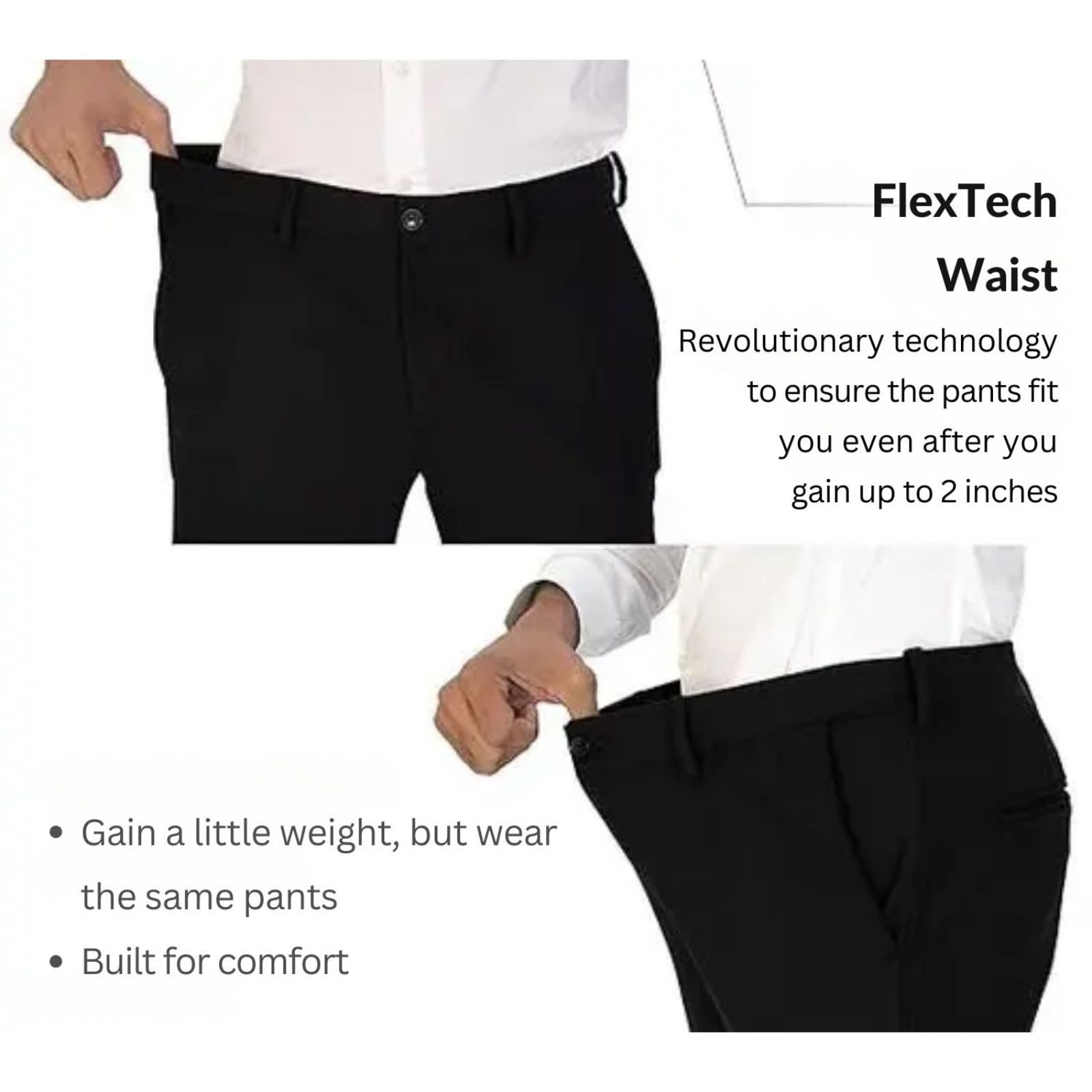 Men's Regular Fit Formal Stretchable Trousers with Expandable Waist | Skin-Friendly Lycra Solid Pant (in, Numeric, 30, Regular, Black) - Image 8