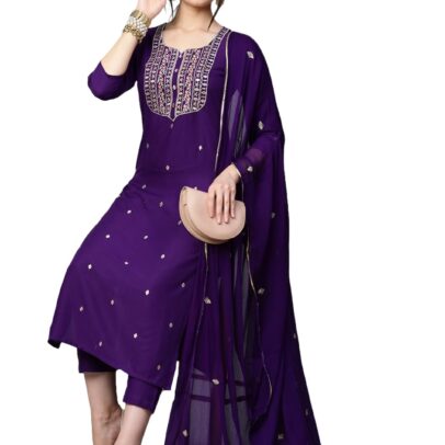 GoSriKi Women's Cotton Blend Embroidered Straight Kurta with Pant & Dupatta (Kasturi Begani-NGT-GS_M_Blue_Medium)