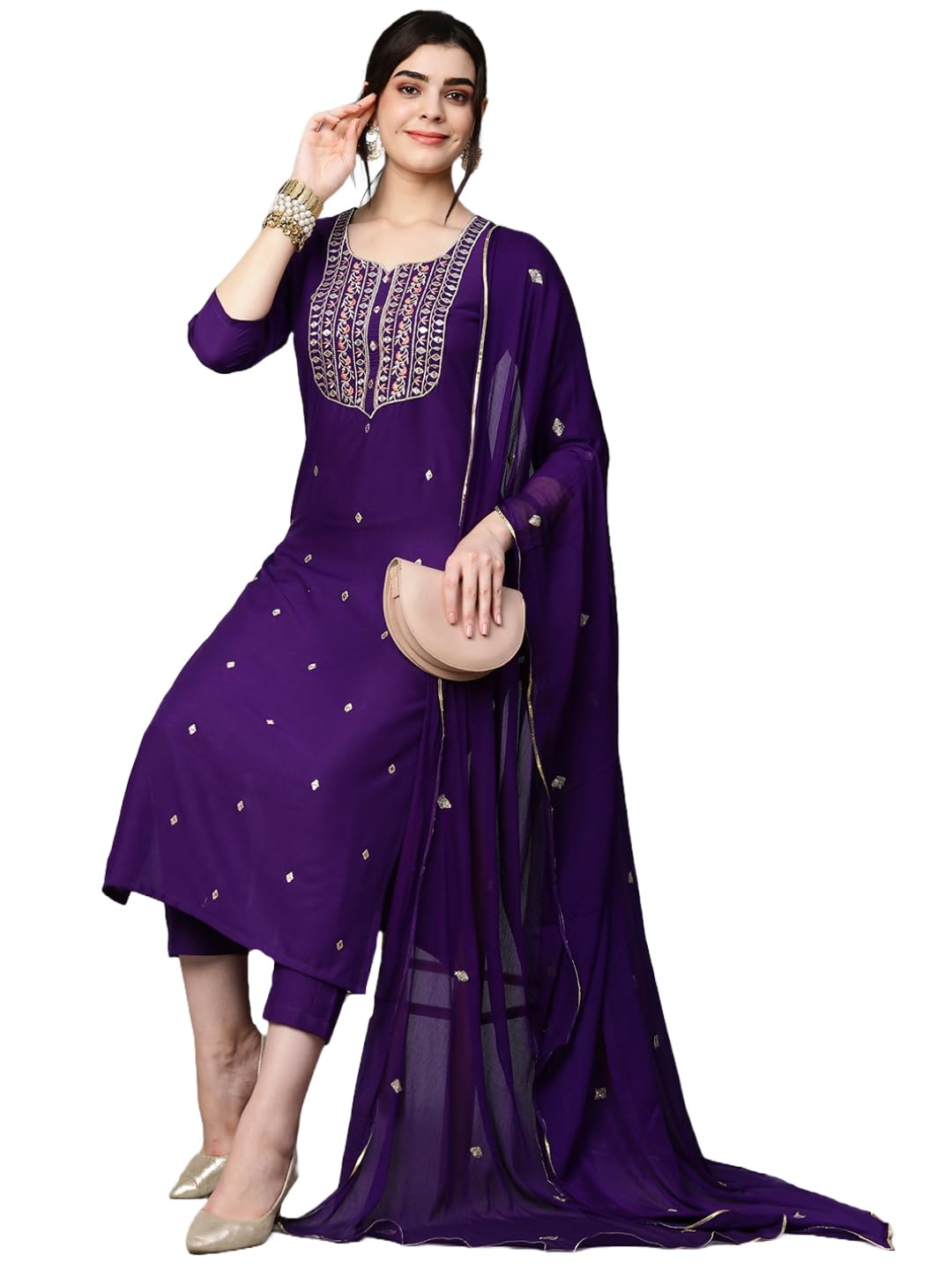 GoSriKi Women's Cotton Blend Embroidered Straight Kurta with Pant & Dupatta (Kasturi Begani-NGT-GS_M_Blue_Medium)