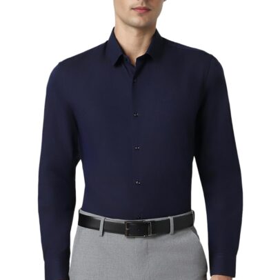 Peter England Men's Premium Solid Herringbone Regular Fit Full Sleeve Formal Shirt | Wonder Fabric | Cotton Rich Dark Navy