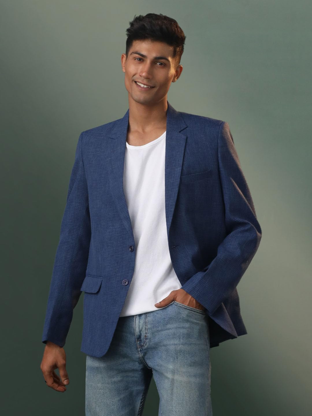 VASTRAMAY Men's Jute Silk Blazer I All Printed Checked Slim Fit Blazer I Everyday Casuals Festive Blazer for Men_VSHVMCT032BU_42 Blue - Image 7