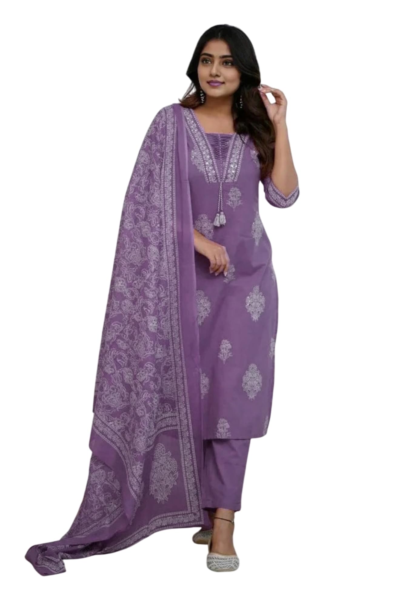 PARTHV Women's Pure Cotton Printed with Handwork Kurta with Pants and Dupatta Set, Wedding Ethnic Suit Set, P-1079, Purple, XXL