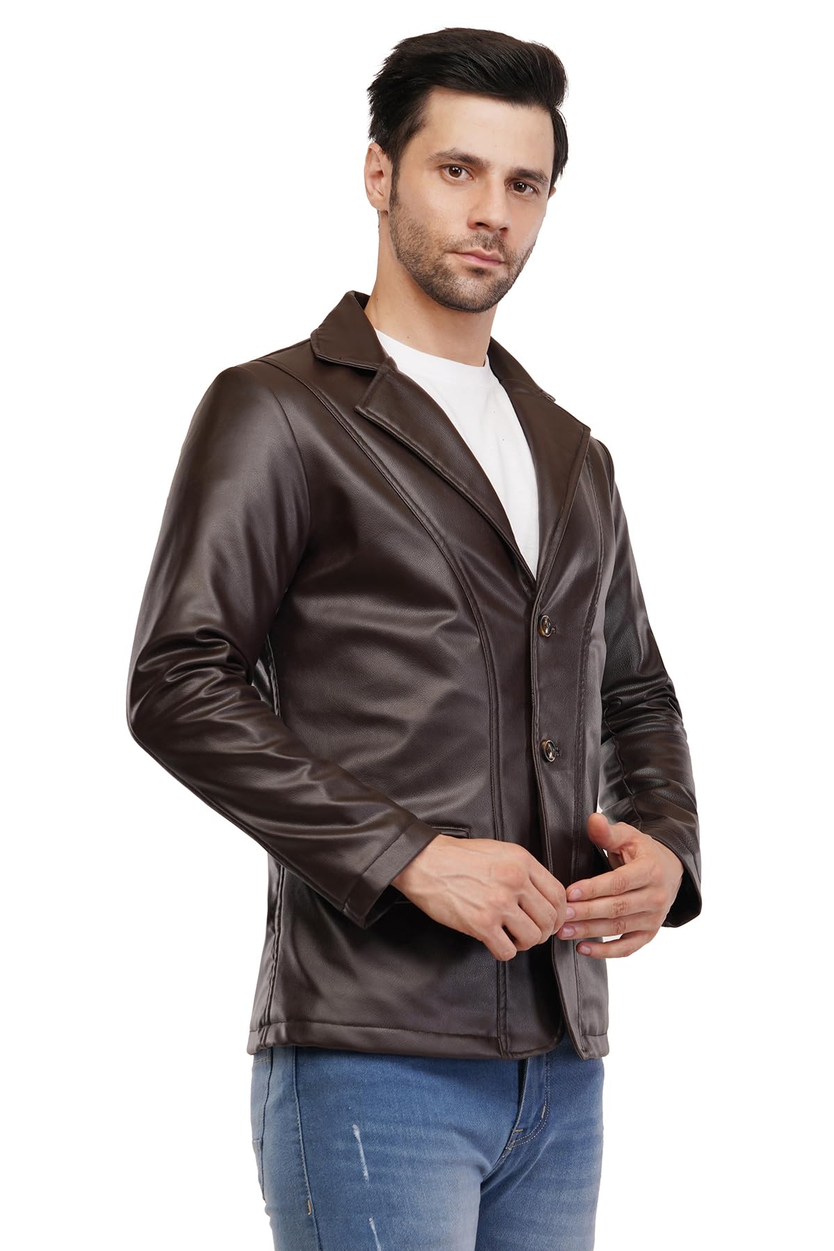 Men's Stylish Foux Leather Single Breasted Blazer, For Men Button-Front (IN, Alpha, M, Regular, CHOCLATE BROWN) - Image 6