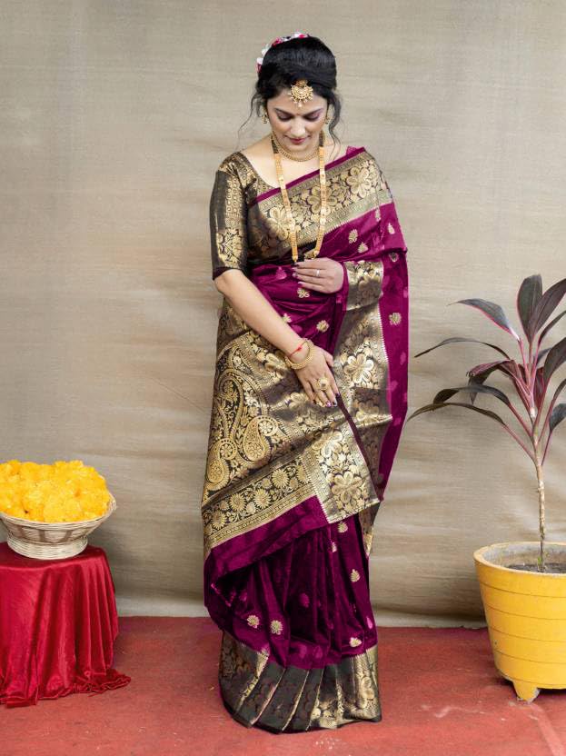 C J Enterprise Women's Pure Kanjivaram Silk Saree Banarasi Soft Design Wear Pattu Sarees Latest Cotton With Blouse Piece Kanchipuram for Wedding sadi new ladies 2025 (Vruksh-50) (Magenta) - Image 3