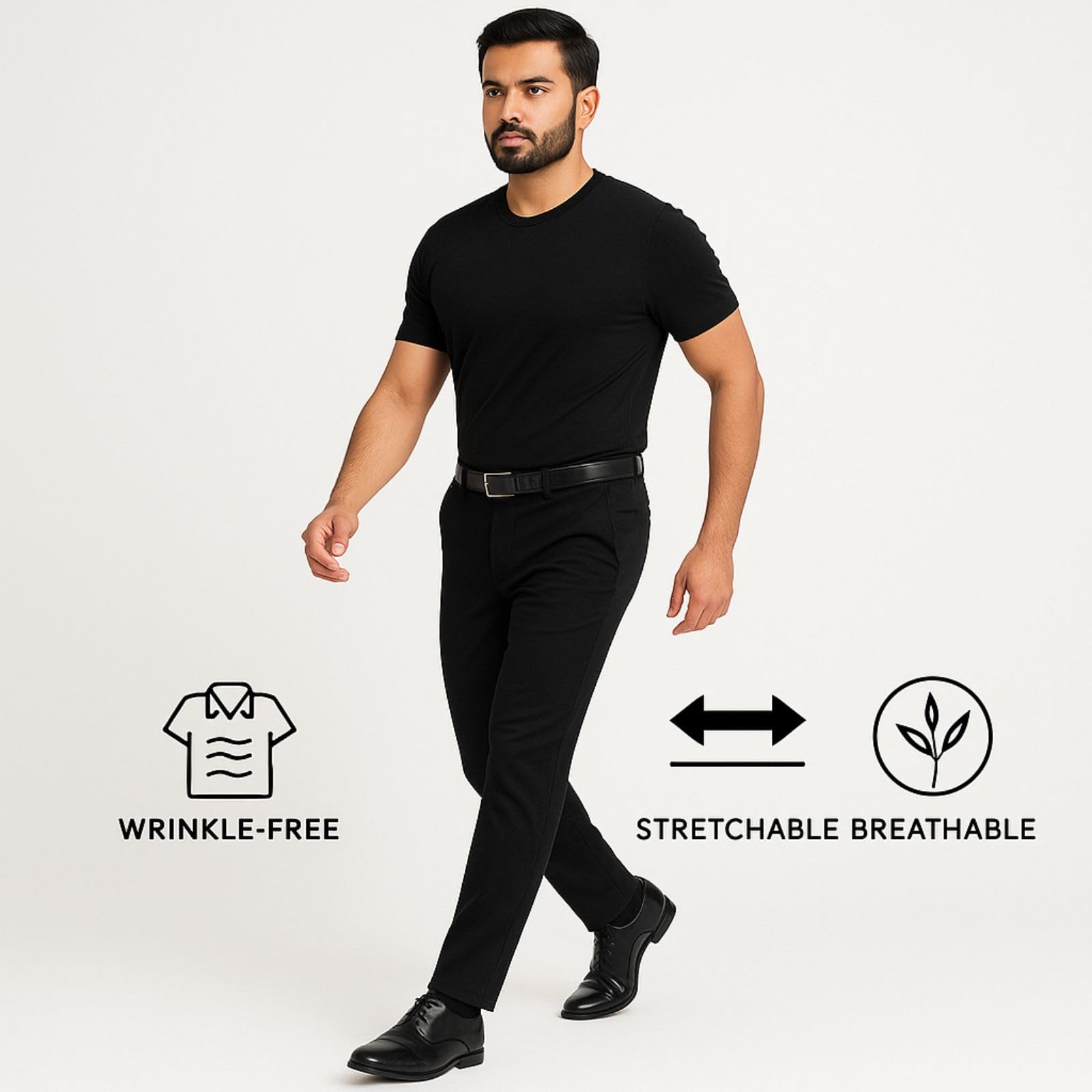 Men's Regular Fit Formal Stretchable Trousers with Expandable Waist | Skin-Friendly Lycra Solid Pant (in, Numeric, 30, Regular, Black) - Image 2