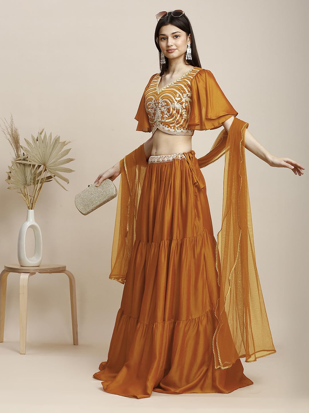 madhuram textiles Womens' Lehenga and Aliyacut Choli Vichitra Silk with Dupatta Net with Embroidery Work Set(M-2488 Orange_X-Large) - Image 7